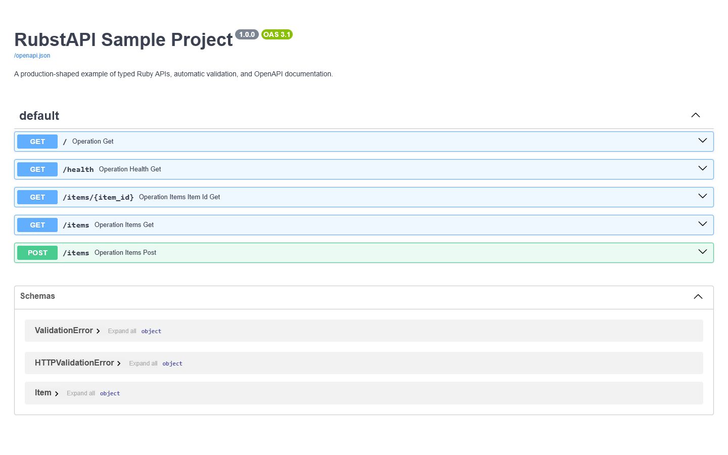 Swagger UI generated automatically by the RubstAPI sample project