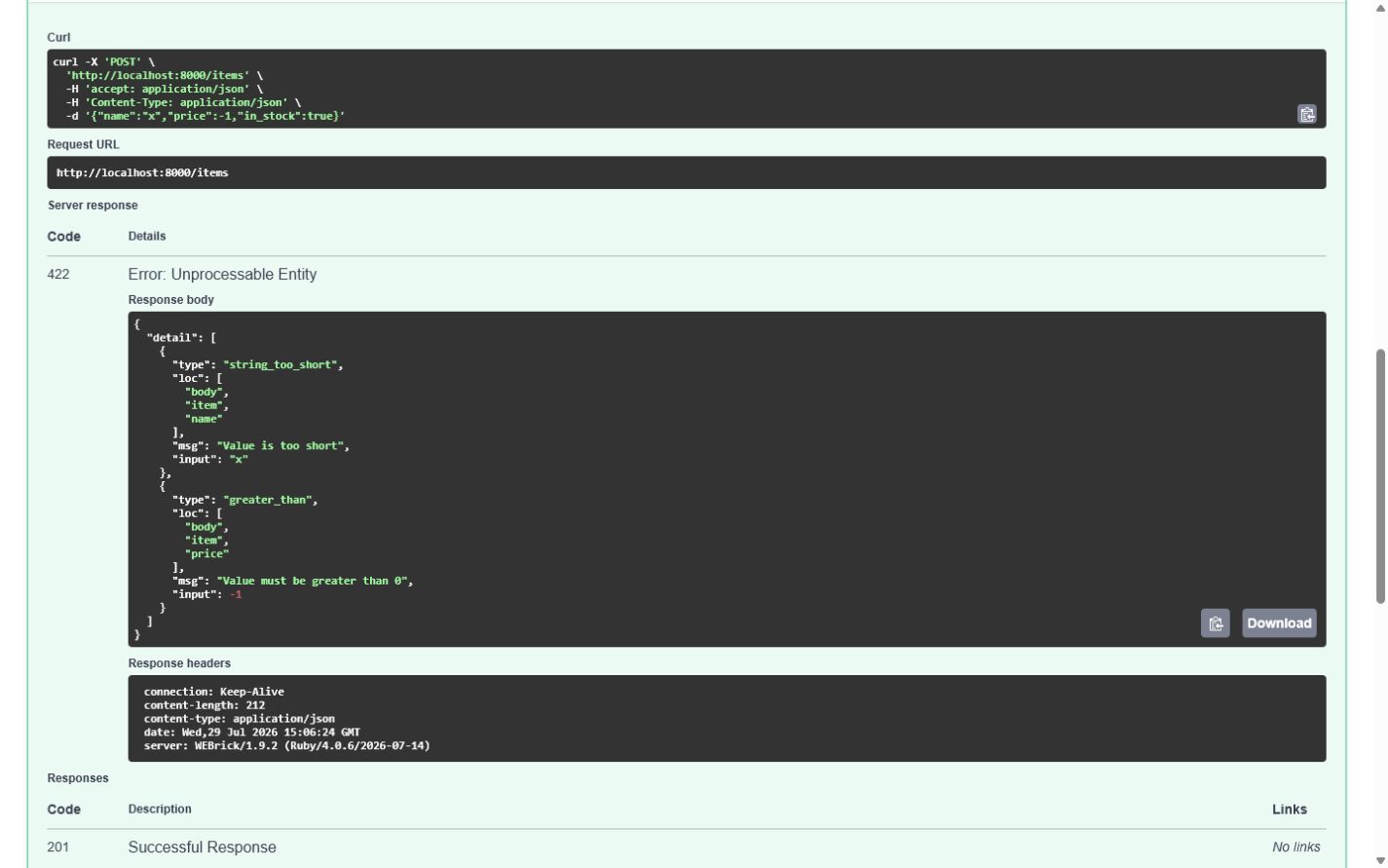RubstAPI structured validation error displayed in Swagger UI